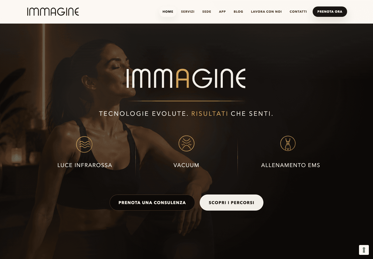 IMMAGINE homepage with a dark fitness hero and consultation links
