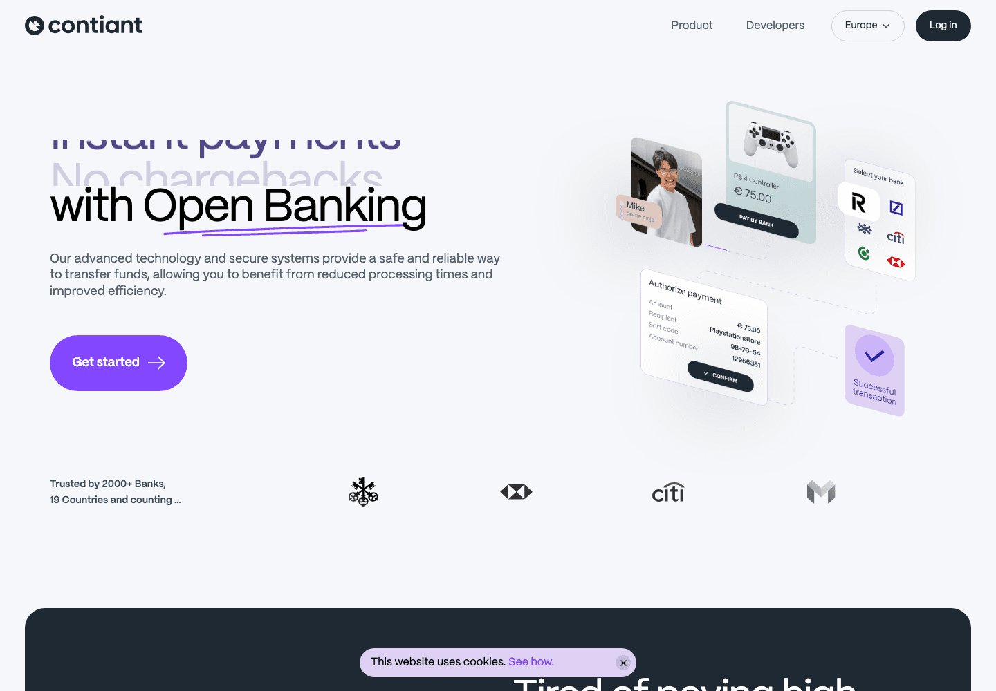 Головна сторінка Contiant з ілюстраціями платежів Open Banking і переходом до продукту (комп’ютер)