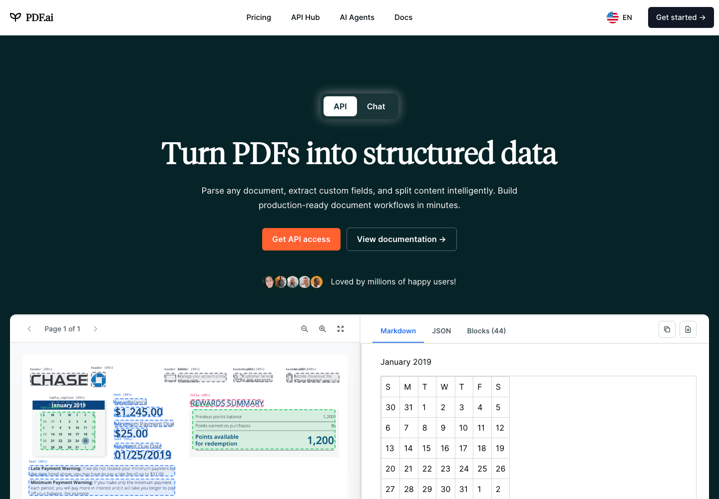 PDF.ai homepage with document API actions and a structured-data preview (desktop view)