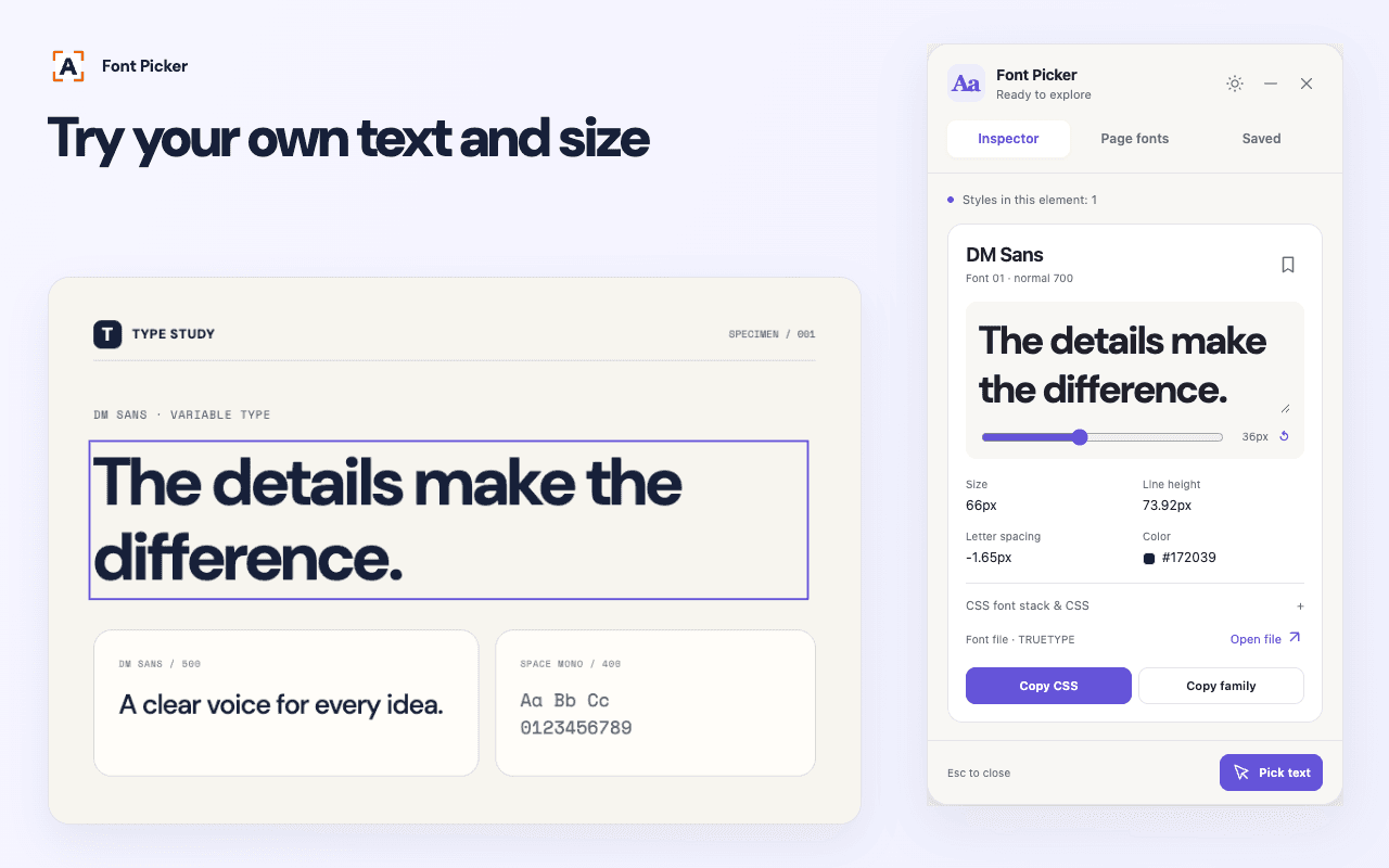 Font Picker inspector with an editable sample and font-size slider beside a typography sample page.