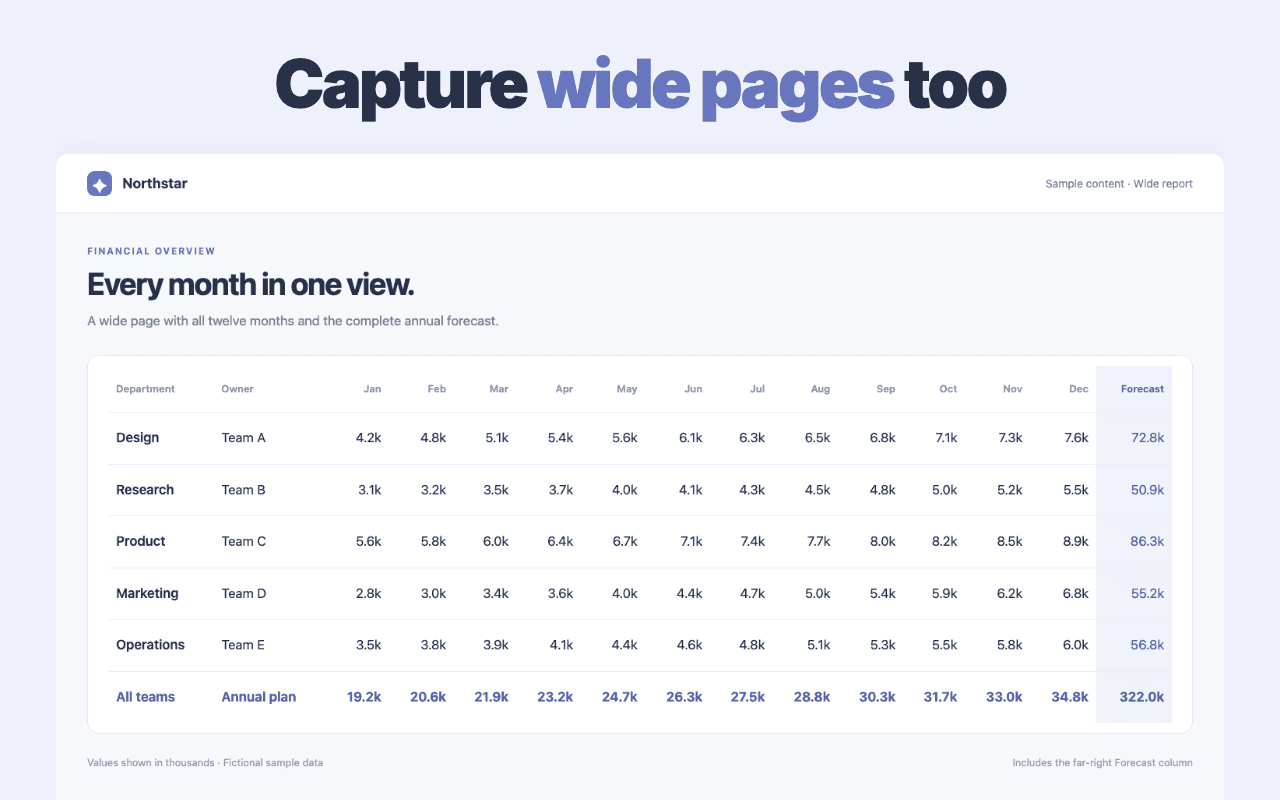 Scrolling Screenshot capturing a wide financial table with monthly columns beyond the viewport.