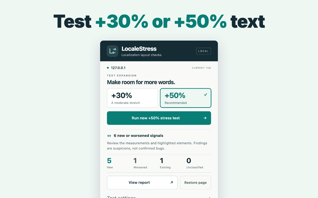 LocaleStress popup with +30% and +50% text expansion choices and a summary of layout signals.