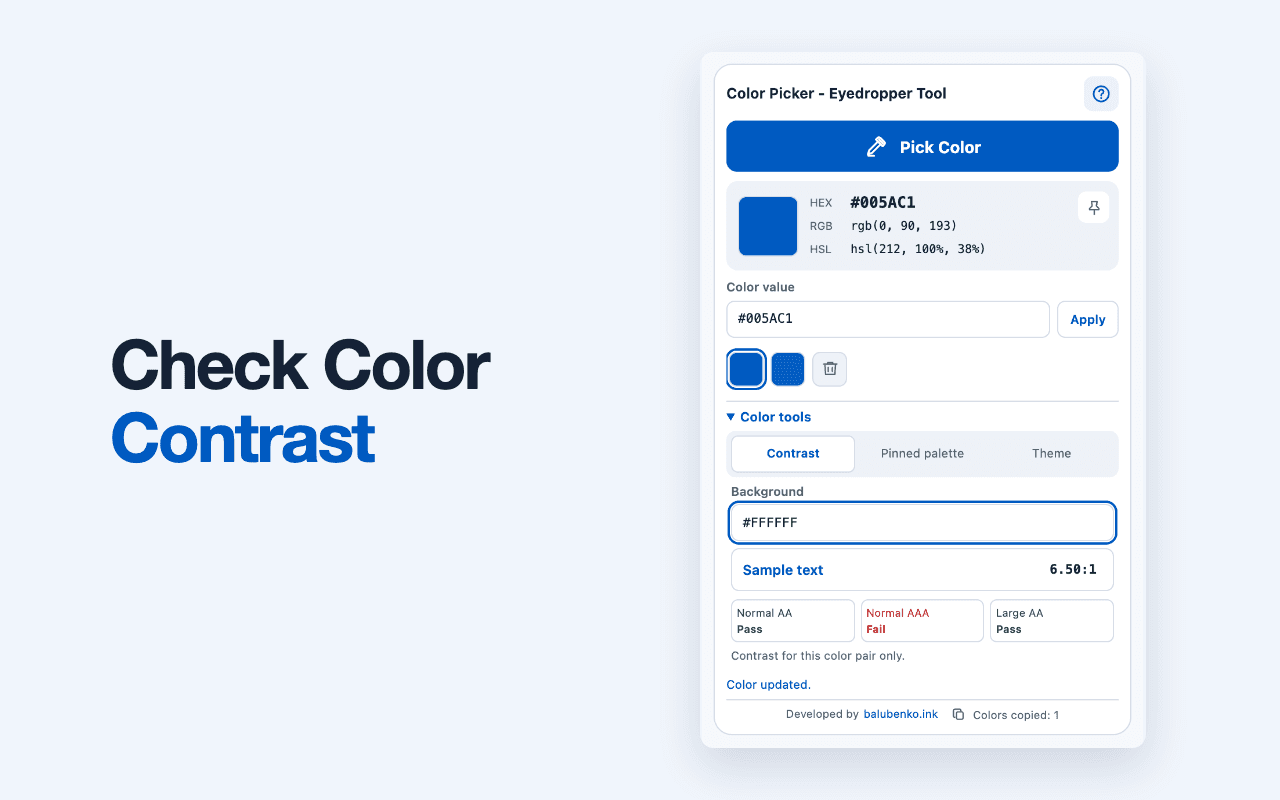 Native Color Picker contrast checker comparing blue text with a white background and showing WCAG results.