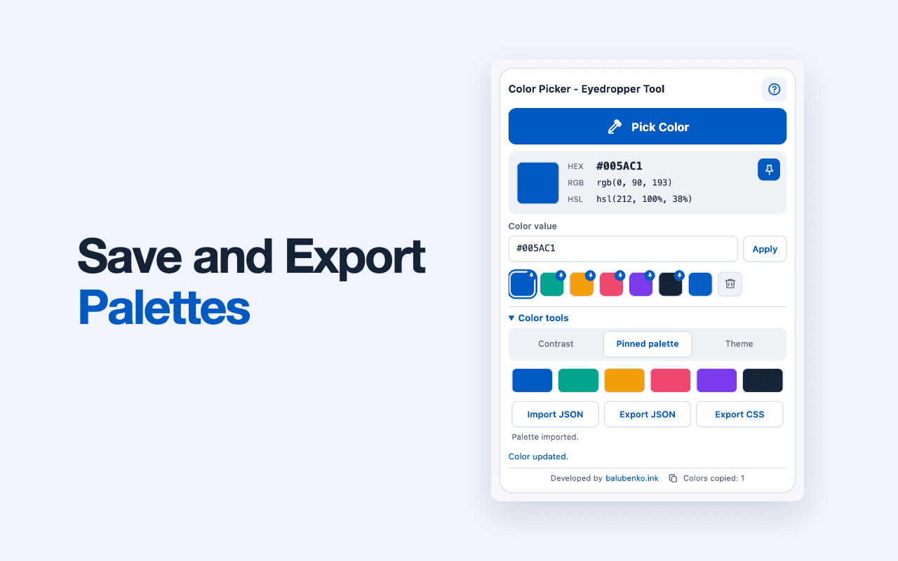 Native Color Picker pinned palette with JSON import and JSON or CSS export controls.
