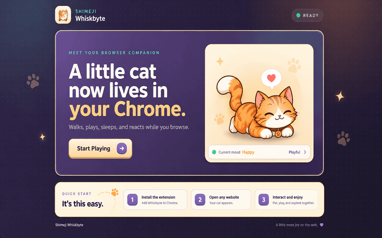 Shimeji Whiskbyte welcome page introducing an animated orange cat browser companion and getting-started steps.