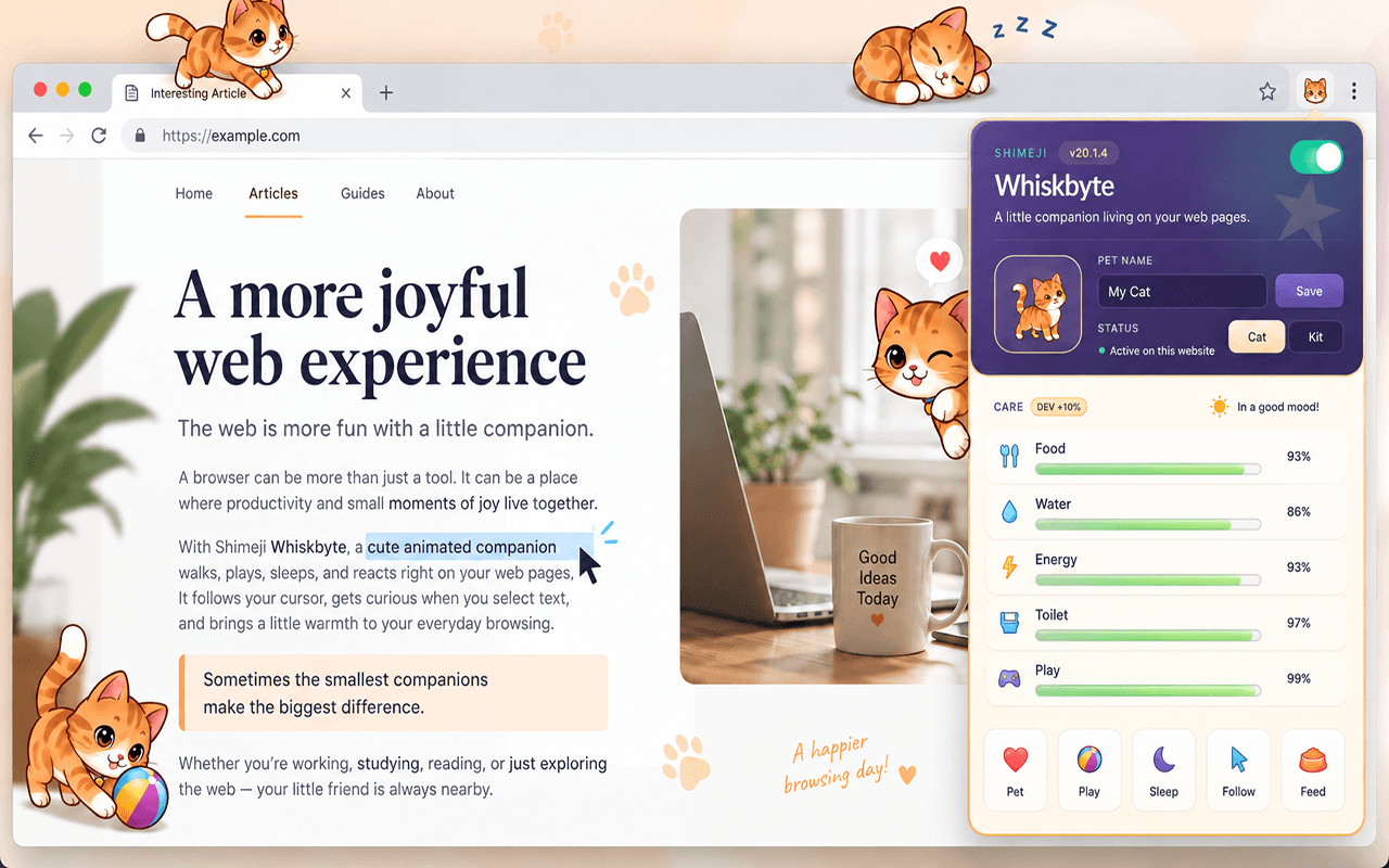 Shimeji Whiskbyte on a sample article with an orange cat companion and food, water and energy controls.